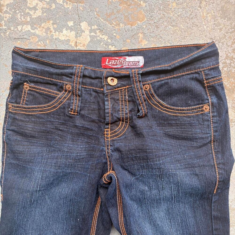 Vintage Y2K Lazer Dark Wash Flared Jeans With Orange Stitching